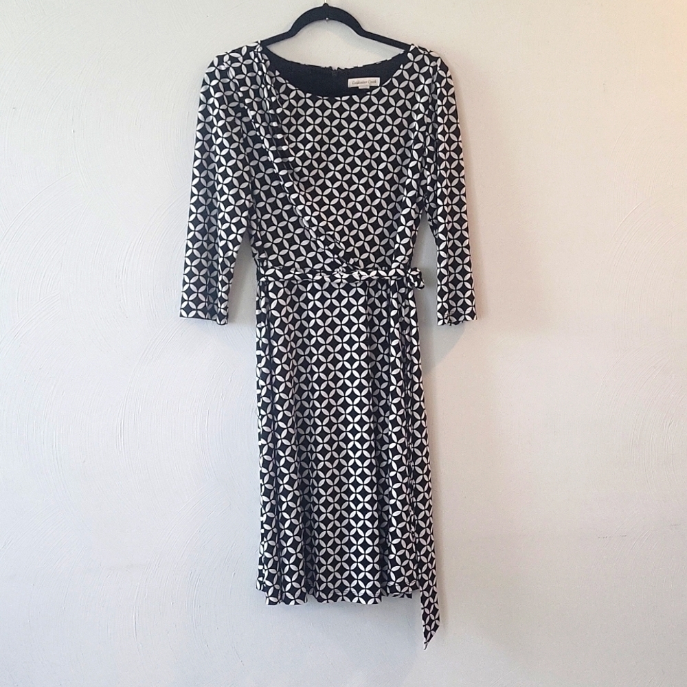 Coldwater Creek Faux Wrap Dress Womens Size 10 Black White Geometric 3/4 Sleeve